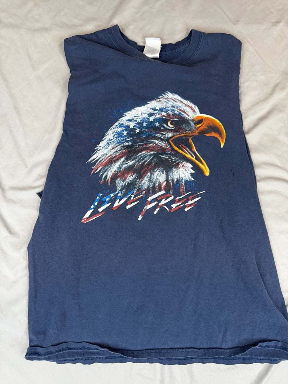 Gildan Live Free Eagle American Flag Sleeveless T-Shirt Size L Blue